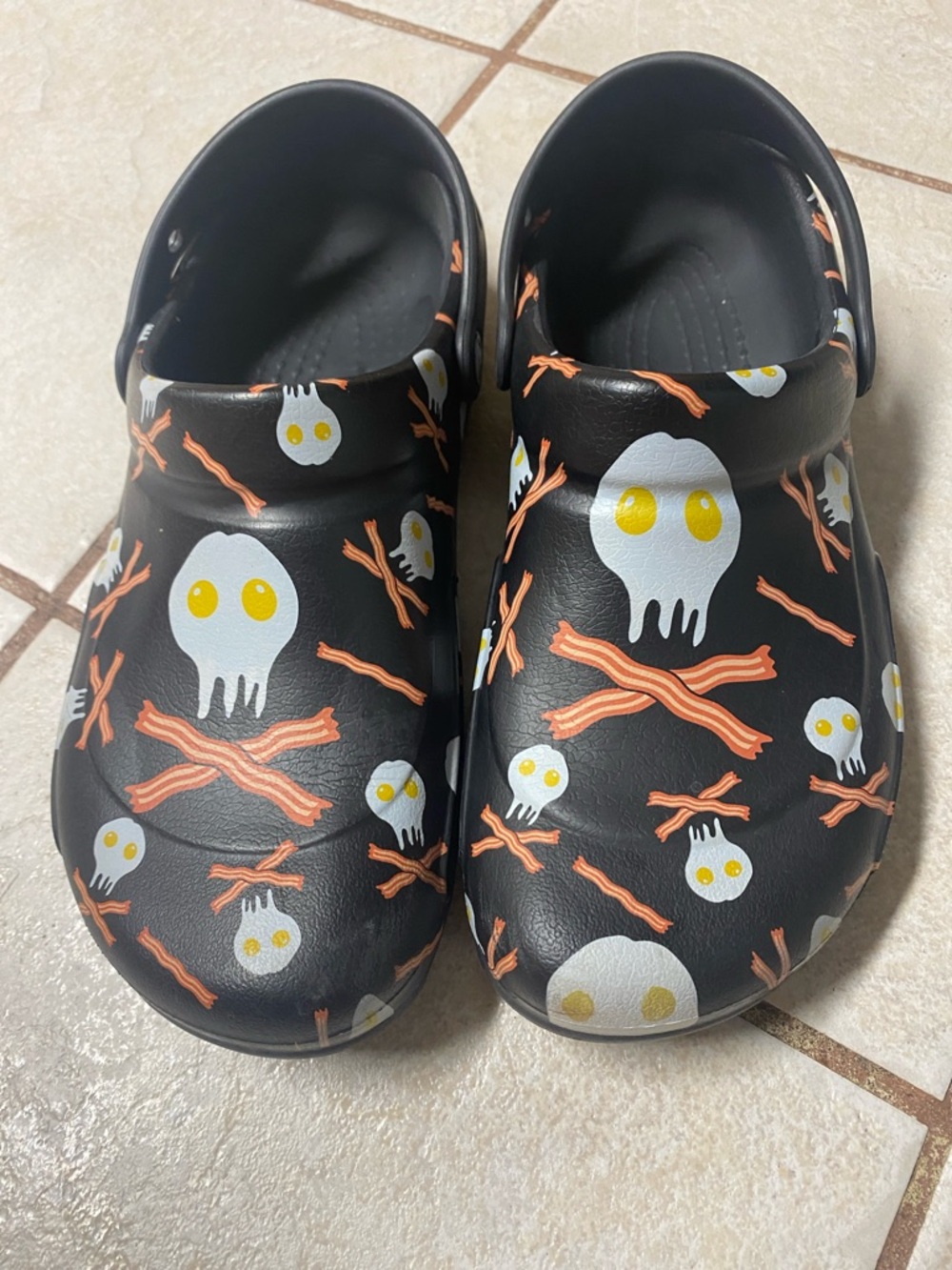 CROCS Black Slip-On Clogs with eggs and Bacon Print